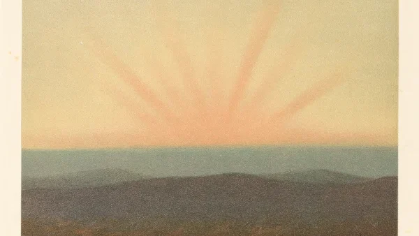 Cromolitografía de Kiessling (1888): crepúsculo con rayos convergiendo sobre colinas tras la erupción del Krakatoa
